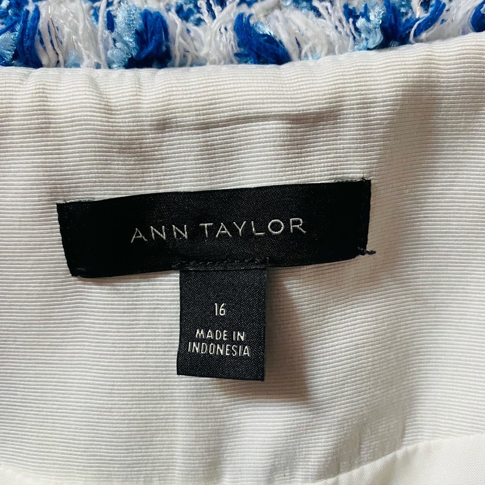 Ann Taylor Women Blue White Plaid Classic Tweed Fringe Trim Office Blazer Sz 16 - Picture 9 of 10